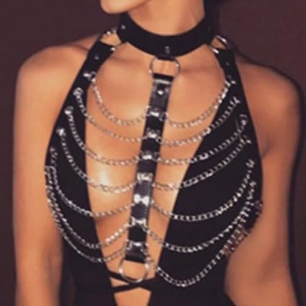 Punk Layered Body Chain Black Belt Leather Chest Chain Harness Choker Chain Body - Picture 6 of 7